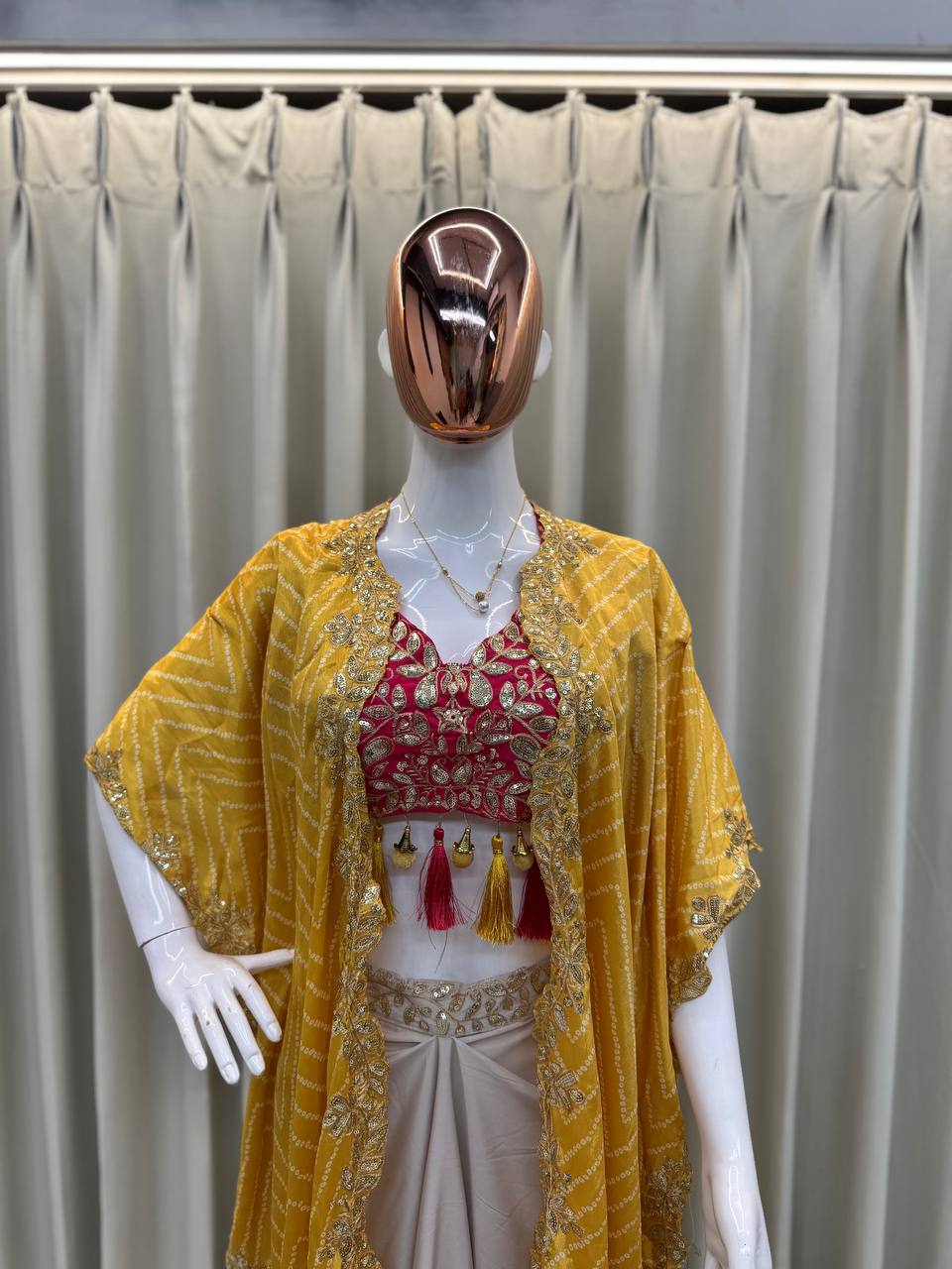 Elegant Three-Piece Ensemble with Sequence Embroidery – Tube Blouse, Draped Skirt & Shrug YNF
