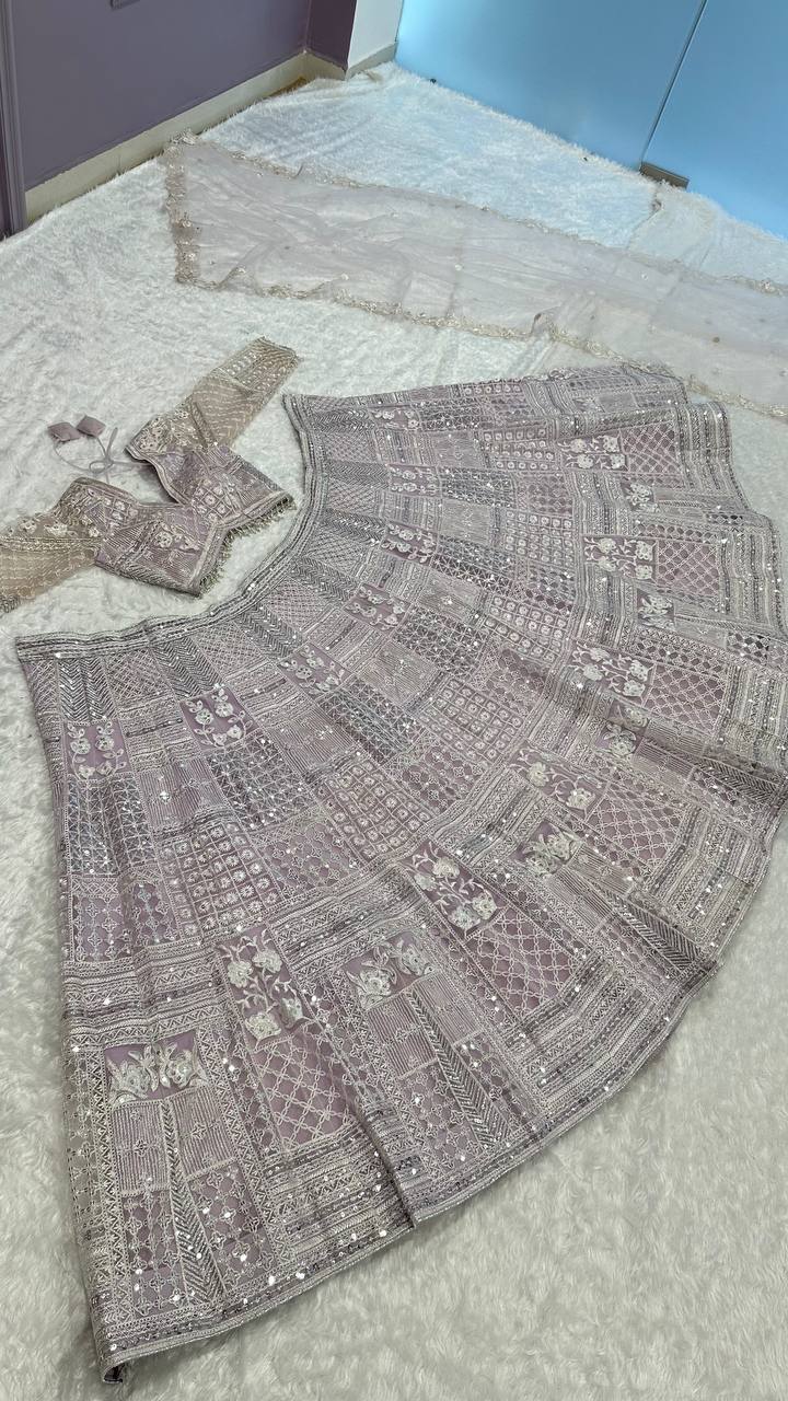 Elegant Net Lehenga Set with Resham Thread & Sequin Work | 3.25m Flair | Unstitched Blouse & Dupatta YNF