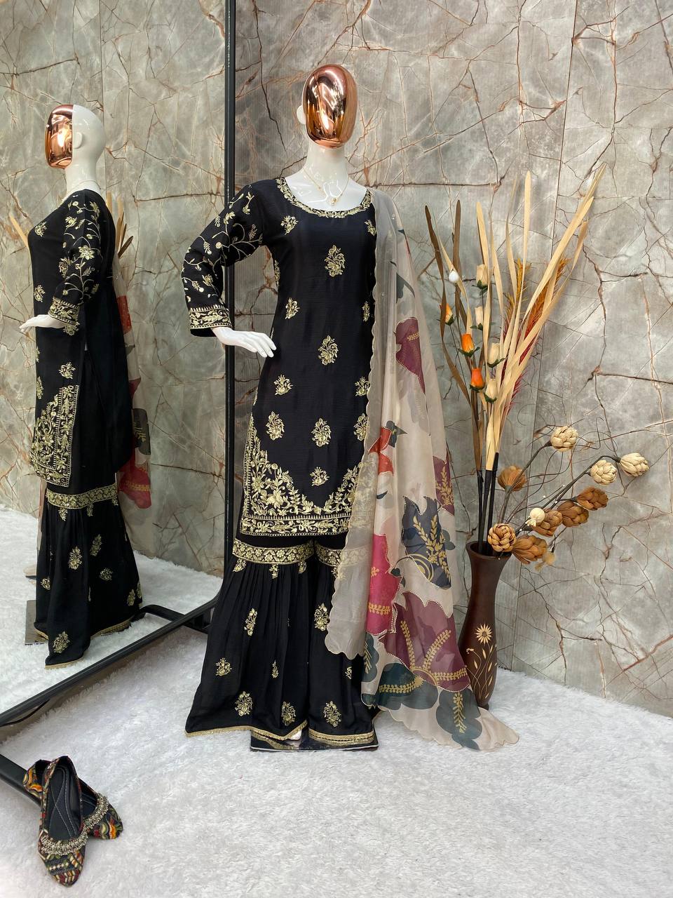 Chinon Sharara Suit Set with Sequin Embroidery & Organza Dupatta | Elegant Festive Wear 💫 YNF