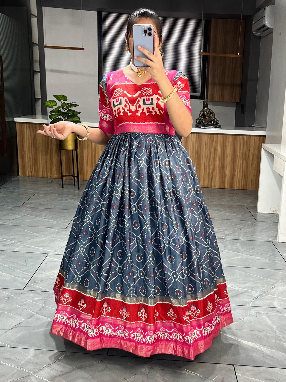 Patola Print Gown in Soft Dola Silk with Zari Border & Foil Work | Full Flare with Adjustable Fit YNF