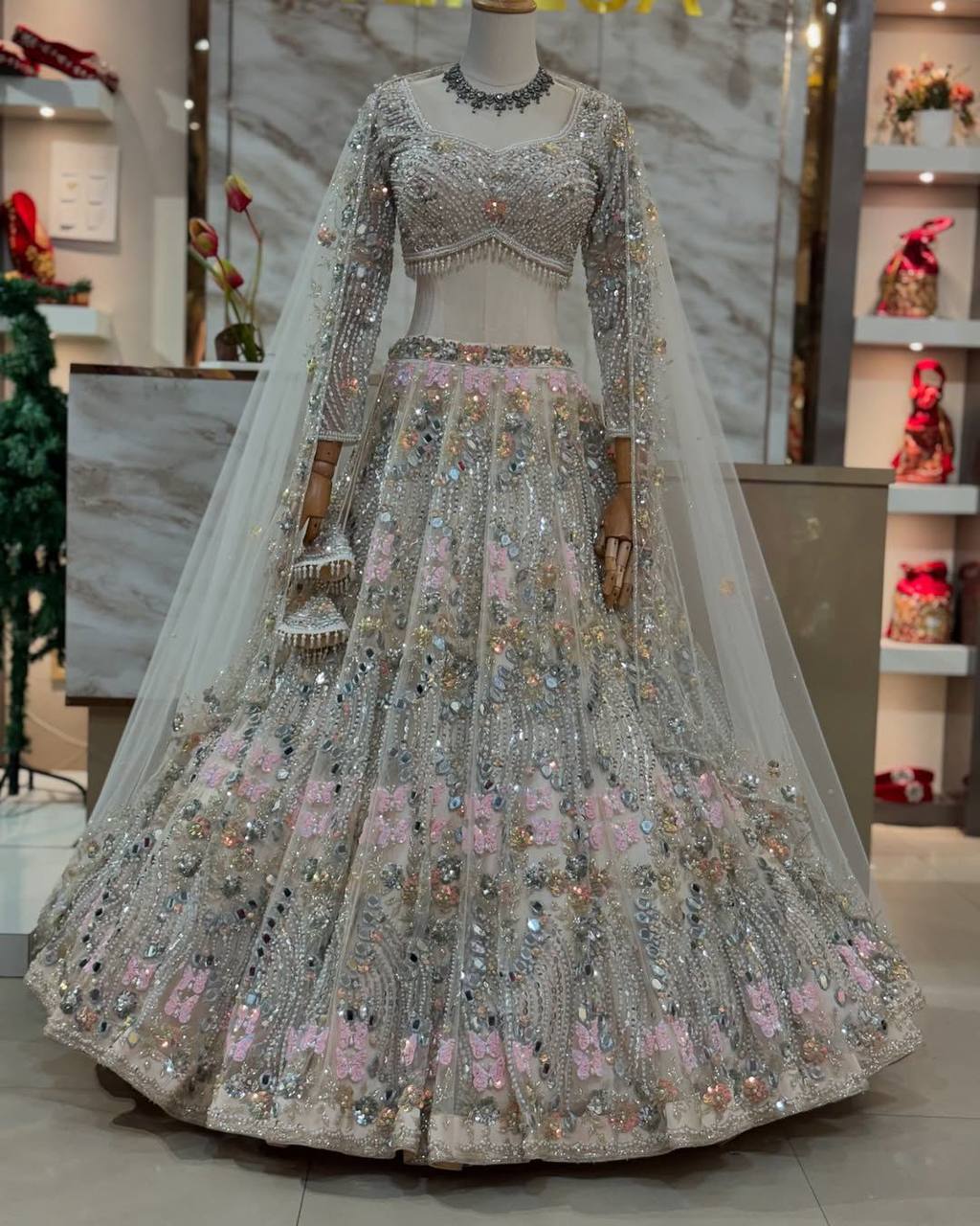 Real Mirror Embroidered Soft Butterfly Net Lehenga Set | Semi-Stitched with Dupatta & Blouse YNF