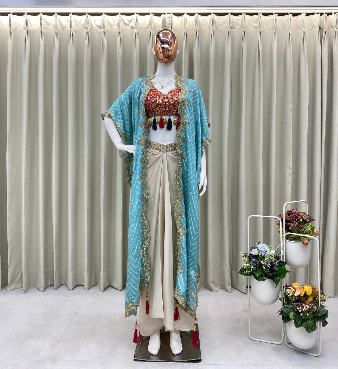 Elegant Three-Piece Ensemble with Sequence Embroidery – Tube Blouse, Draped Skirt & Shrug YNF