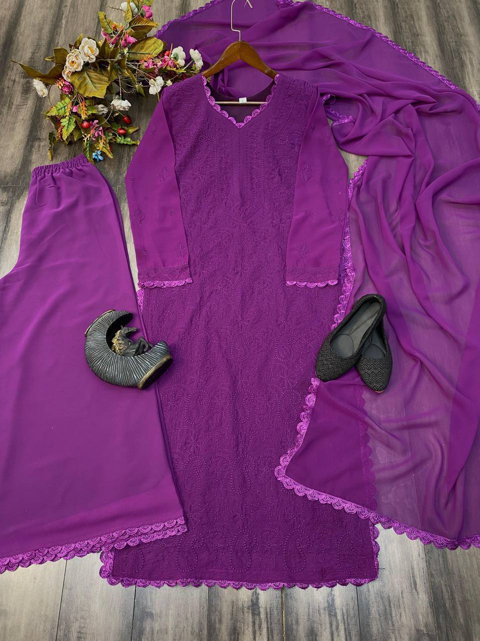 Elegant Faux Georgette Embroidered Top-Plazo Set with GPO Lace Work YNF