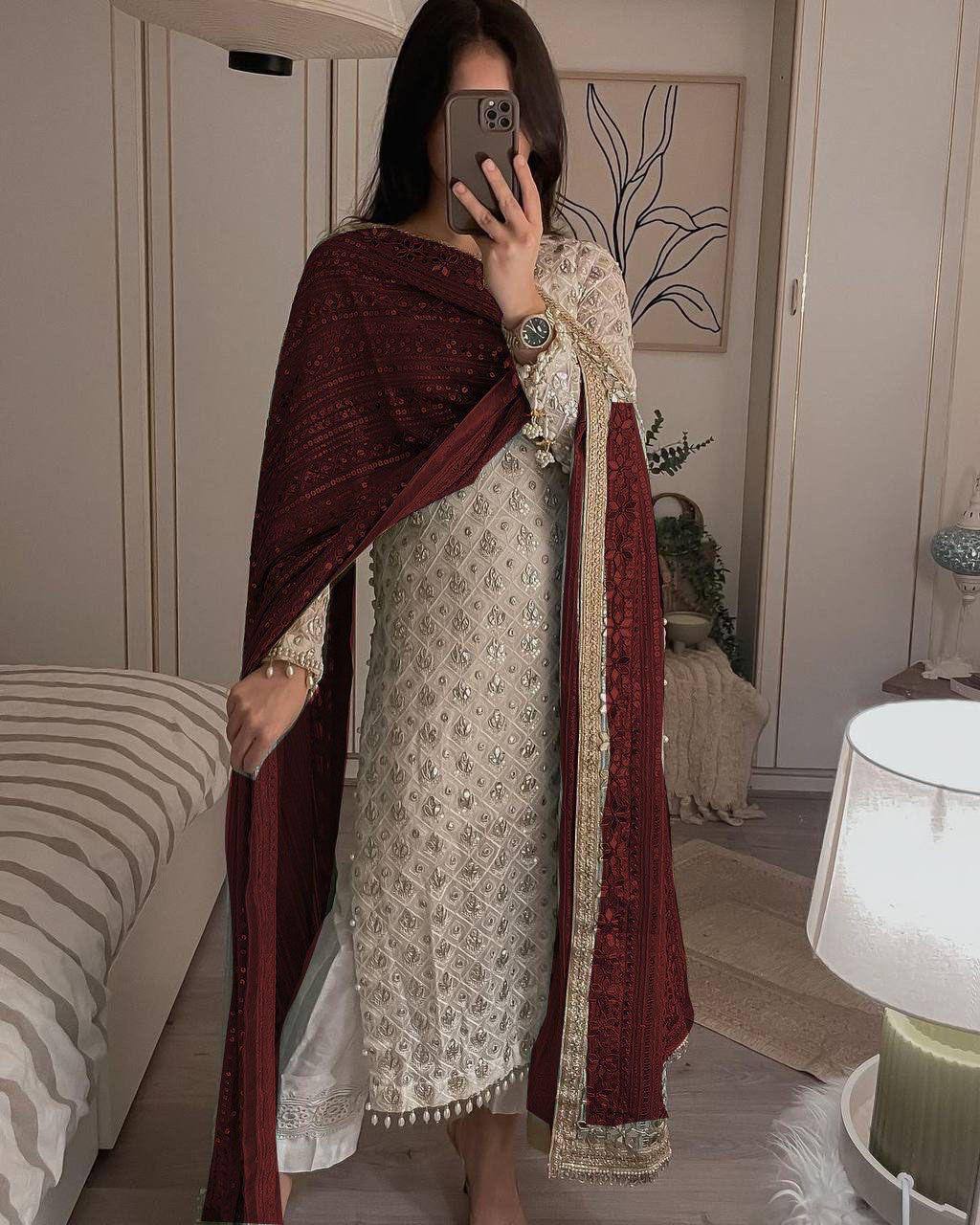 Elegant Fox Georgette Set with Sequence Embroidery & Real Mirror Dupatta YNF