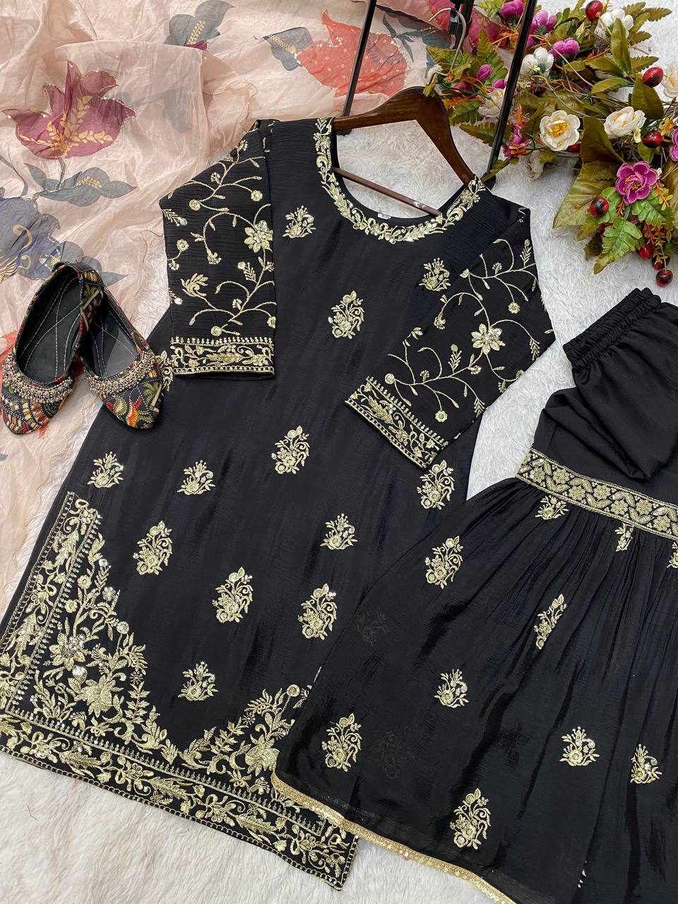 Chinon Sharara Suit Set with Sequin Embroidery & Organza Dupatta | Elegant Festive Wear 💫 YNF