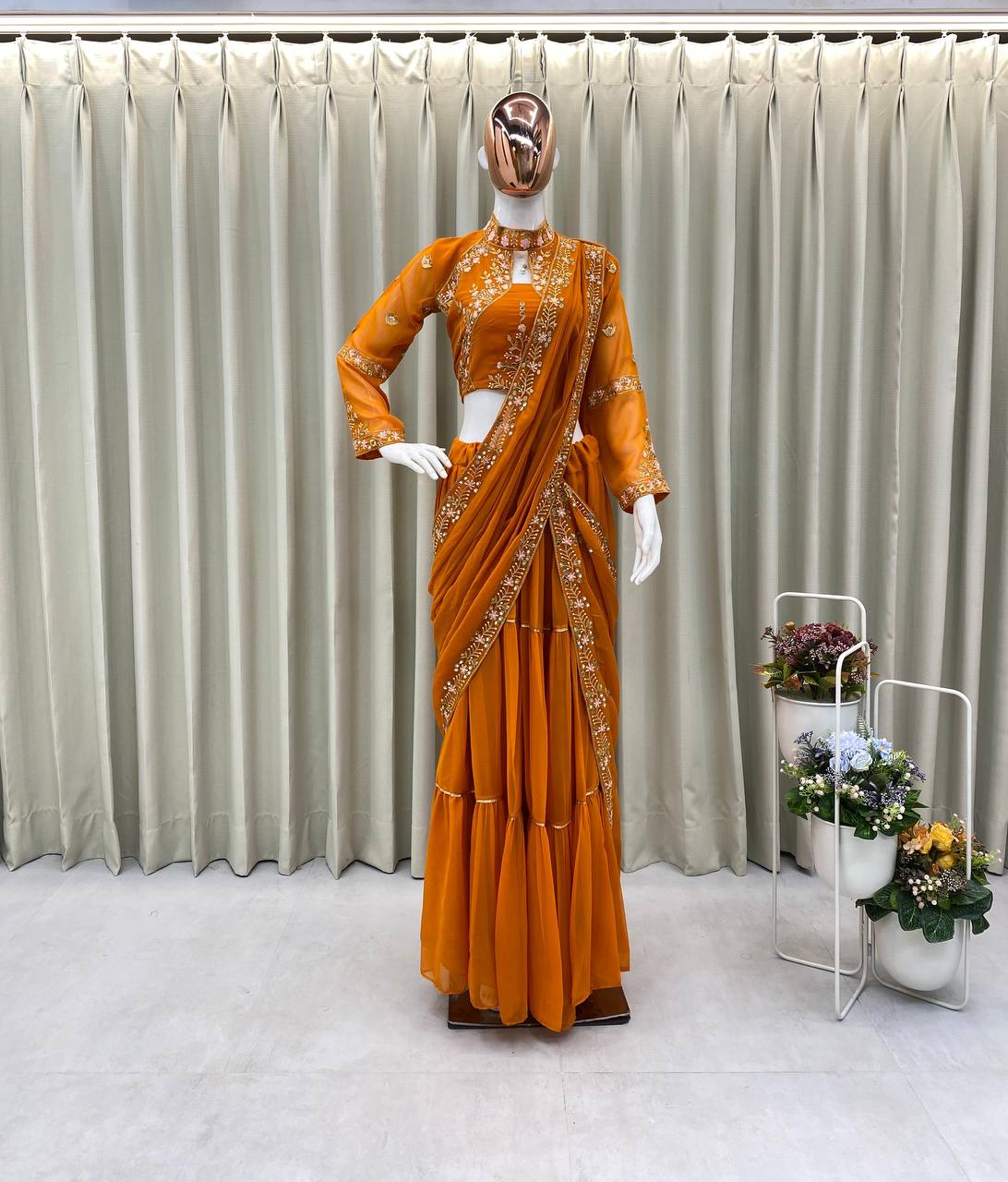 Faux Georgette Lehenga Saree with Ruffle & Mirror Work | Full Stitched with Sequins Embroidered Blouse YNF