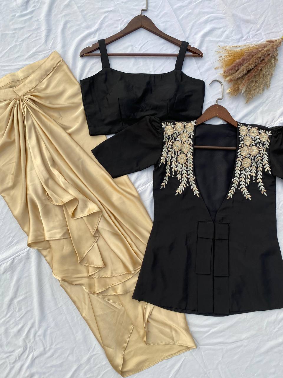 rendy Ethnic Set with Tube Blouse, Dhoti & Embroidered Blazer | French Crape & Japan Satin | Free Size | Premium Finish YNF