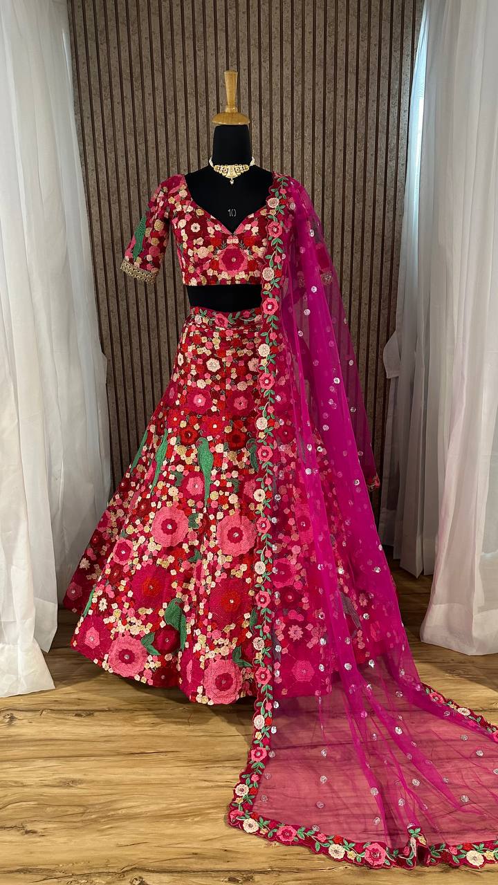 Luxury Tapeta Velvet Lehenga Set with Chainstitch Embroidery & Sequins Work | Unstitched Blouse & Net Dupatta | Premium Partywear for Women YNF