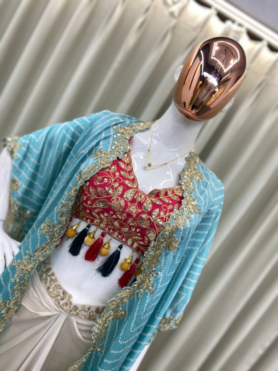 Elegant Three-Piece Ensemble with Sequence Embroidery – Tube Blouse, Draped Skirt & Shrug YNF