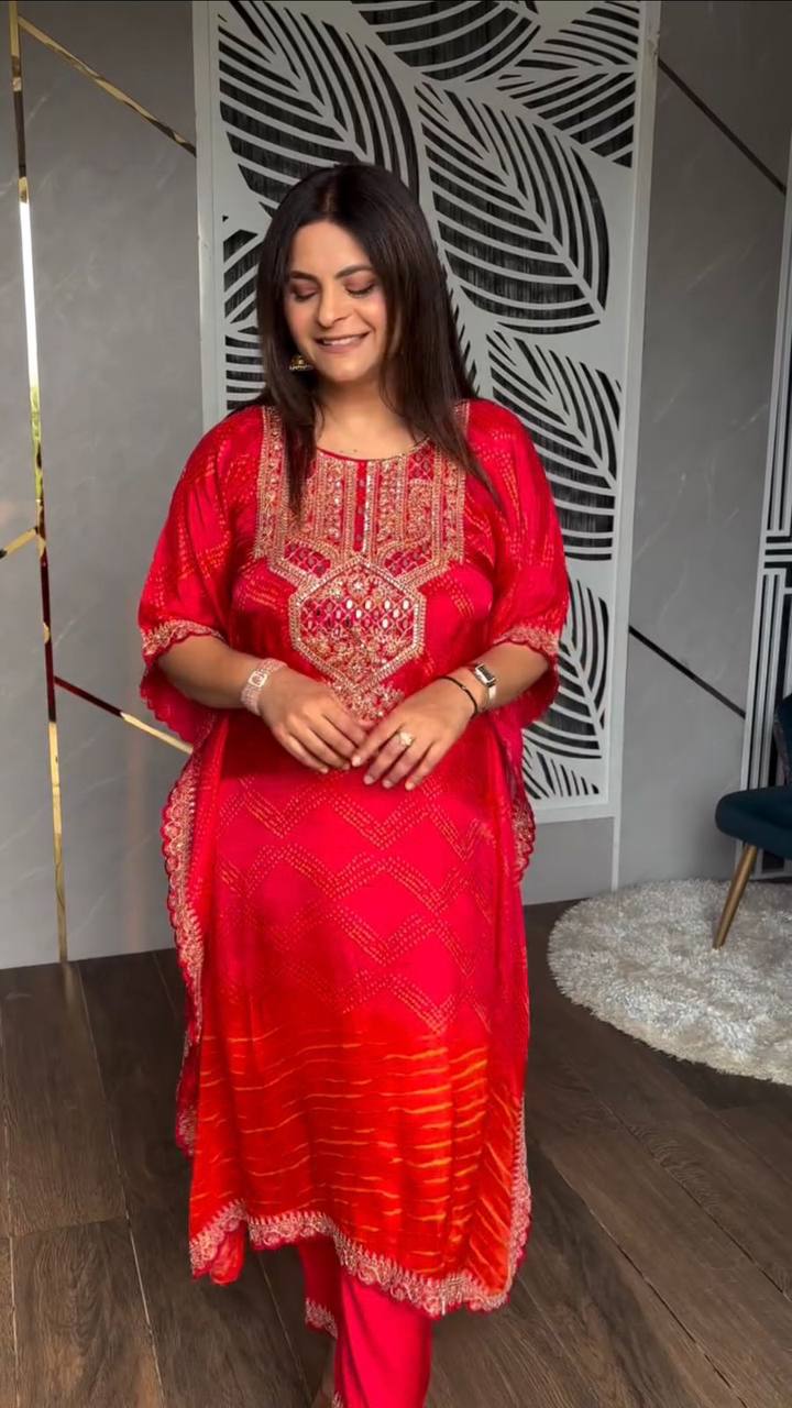Designer Chinon Kaftan Set with Real Mirror & Luxe Embroidery | Festive Ready YNF