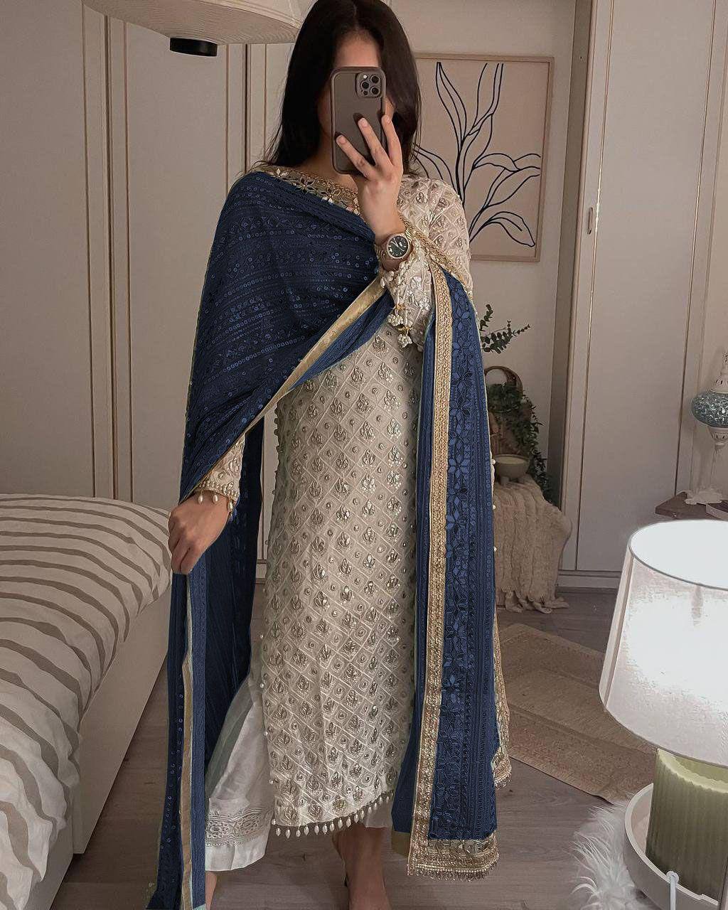 Elegant Fox Georgette Set with Sequence Embroidery & Real Mirror Dupatta YNF