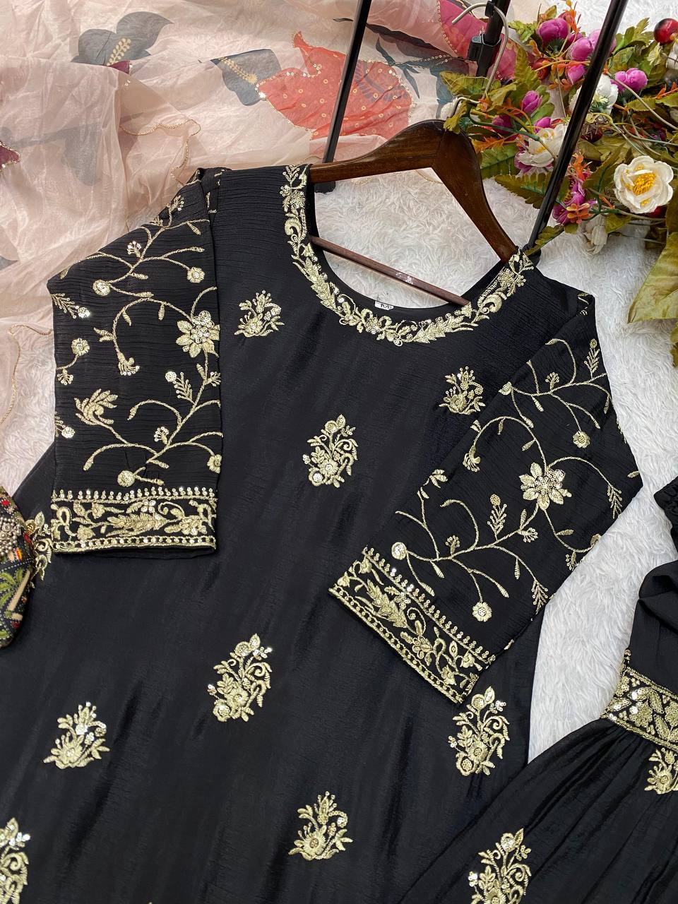 Chinon Sharara Suit Set with Sequin Embroidery & Organza Dupatta | Elegant Festive Wear 💫 YNF