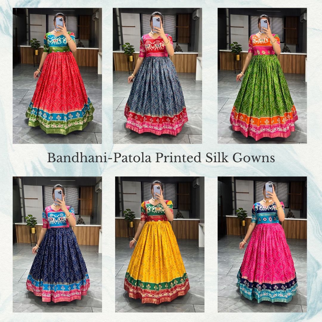 Patola Print Gown in Soft Dola Silk with Zari Border & Foil Work | Full Flare with Adjustable Fit YNF