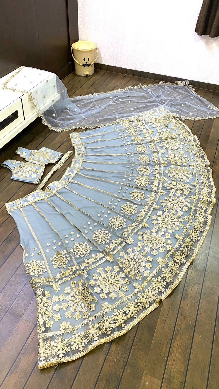 Elegant Net Lehenga Set with Foil Paper & Zari Work | Unstitched Banglori Satin Blouse & Dupatta | Partywear Ensemble for Women - YNF Export