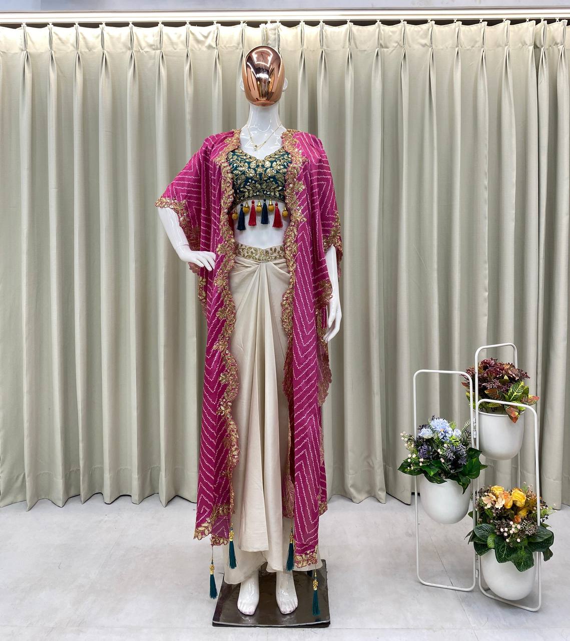 Elegant Three-Piece Ensemble with Sequence Embroidery – Tube Blouse, Draped Skirt & Shrug YNF