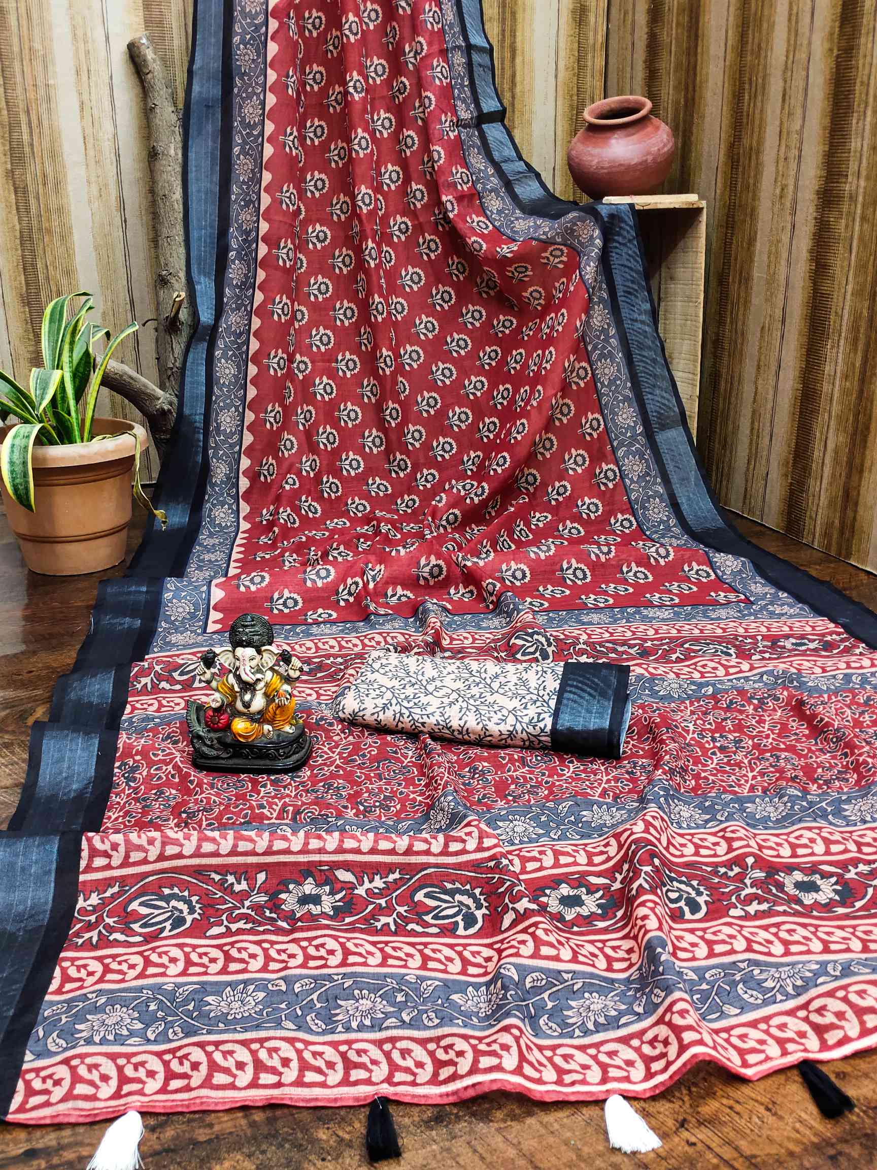 Premium Soft Linen Cotton Saree with Digital Batik Print & Silver Woven Border YNF
