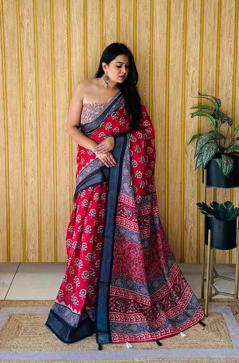 Premium Soft Linen Cotton Saree with Digital Batik Print & Silver Woven Border YNF