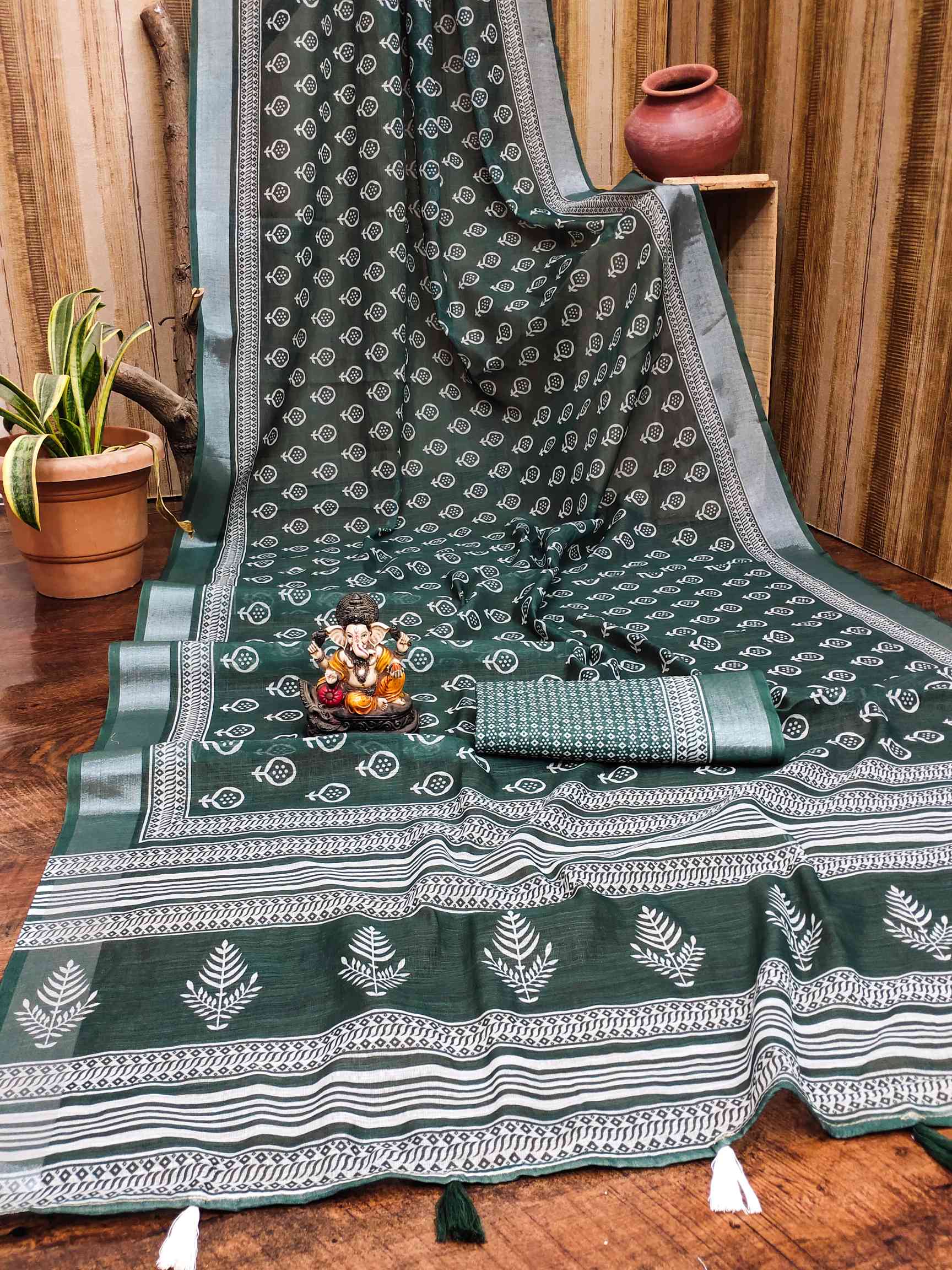 Premium Soft Linen Cotton Saree with Digital Batik Print & Silver Woven Border YNF