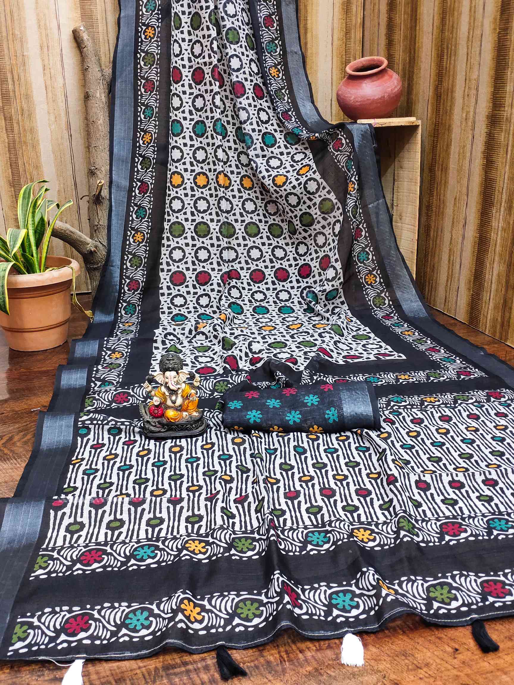 Premium Soft Linen Cotton Saree with Digital Batik Print & Silver Woven Border YNF
