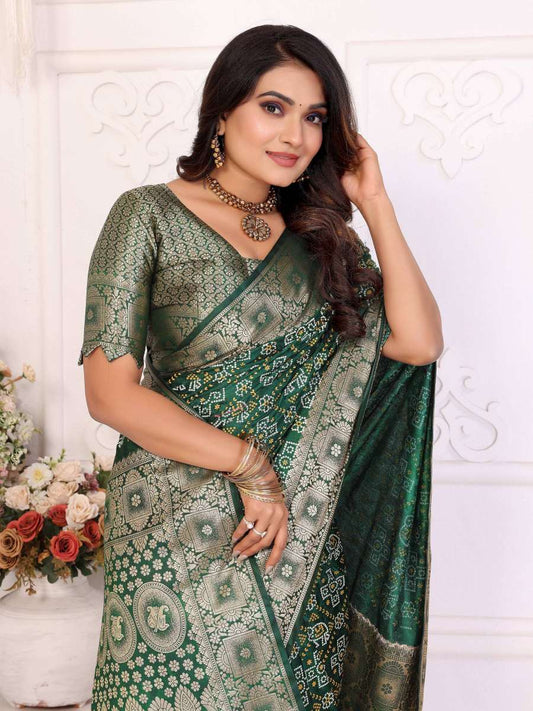 Elegant Soft Satin Silk Bandhej Print Saree with Allover Zari Weaving Border & Rich Pallu | Lightweight Partywear Saree with Blouse Piece YNF