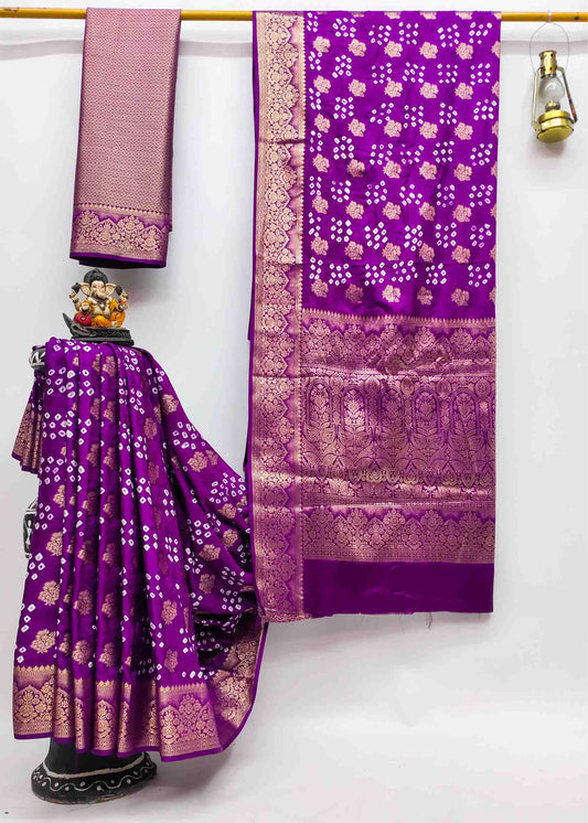 Premium Pure Bandhej Satin Silk Saree with Zari Weaving Butta & Rich Pallu YNF