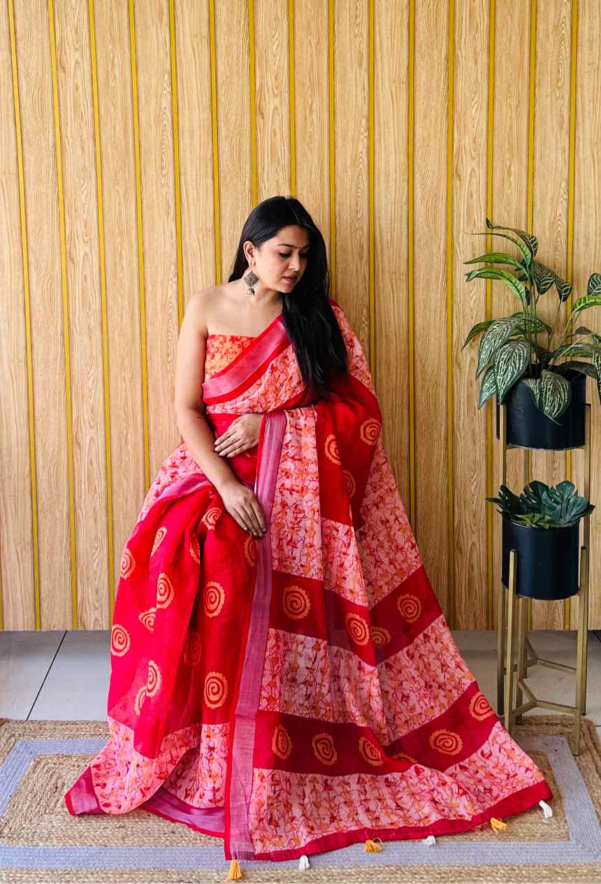 Premium Soft Linen Cotton Saree with Digital Batik Print & Silver Woven Border YNF