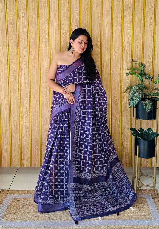 Premium Soft Linen Cotton Saree with Digital Batik Print & Silver Woven Border YNF