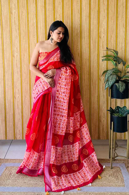 Premium Soft Linen Cotton Saree with Digital Batik Print & Silver Woven Border YNF
