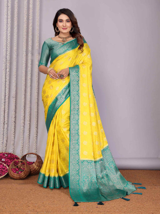 Handloom Satin Silk Saree with Zari Butta Work & Contrast Woven Borders YNF