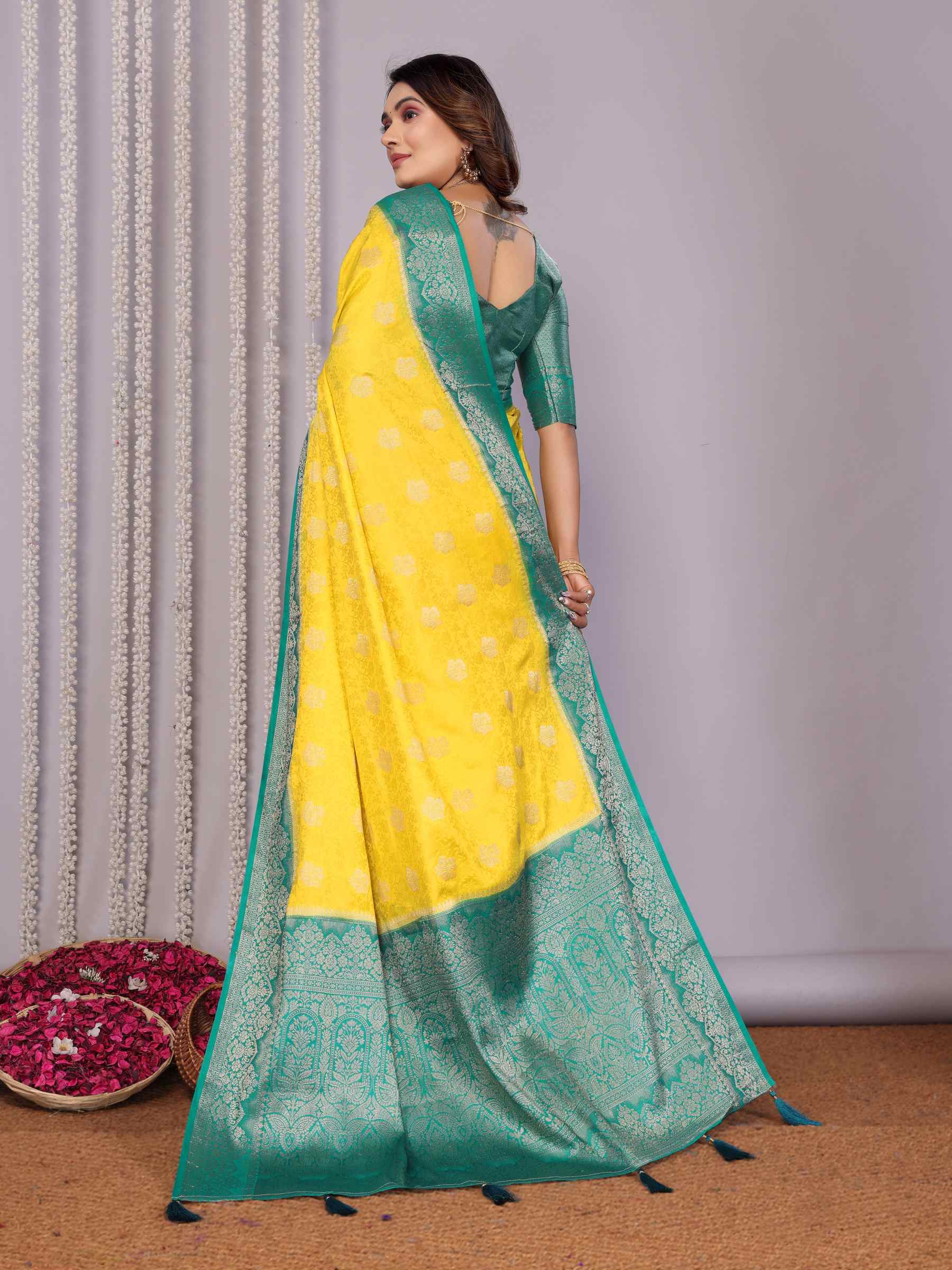Handloom Satin Silk Saree with Zari Butta Work & Contrast Woven Borders YNF