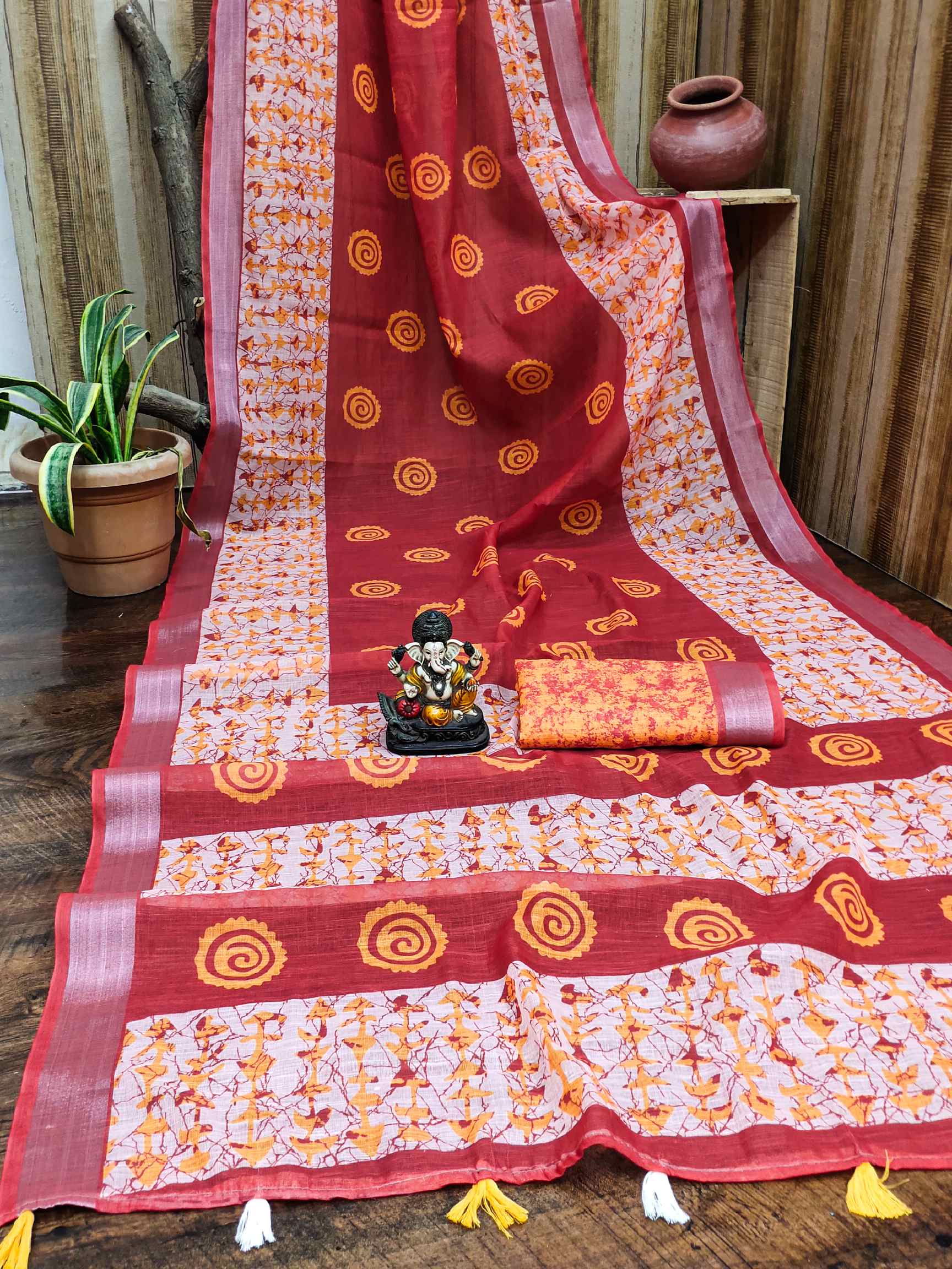 Premium Soft Linen Cotton Saree with Digital Batik Print & Silver Woven Border YNF