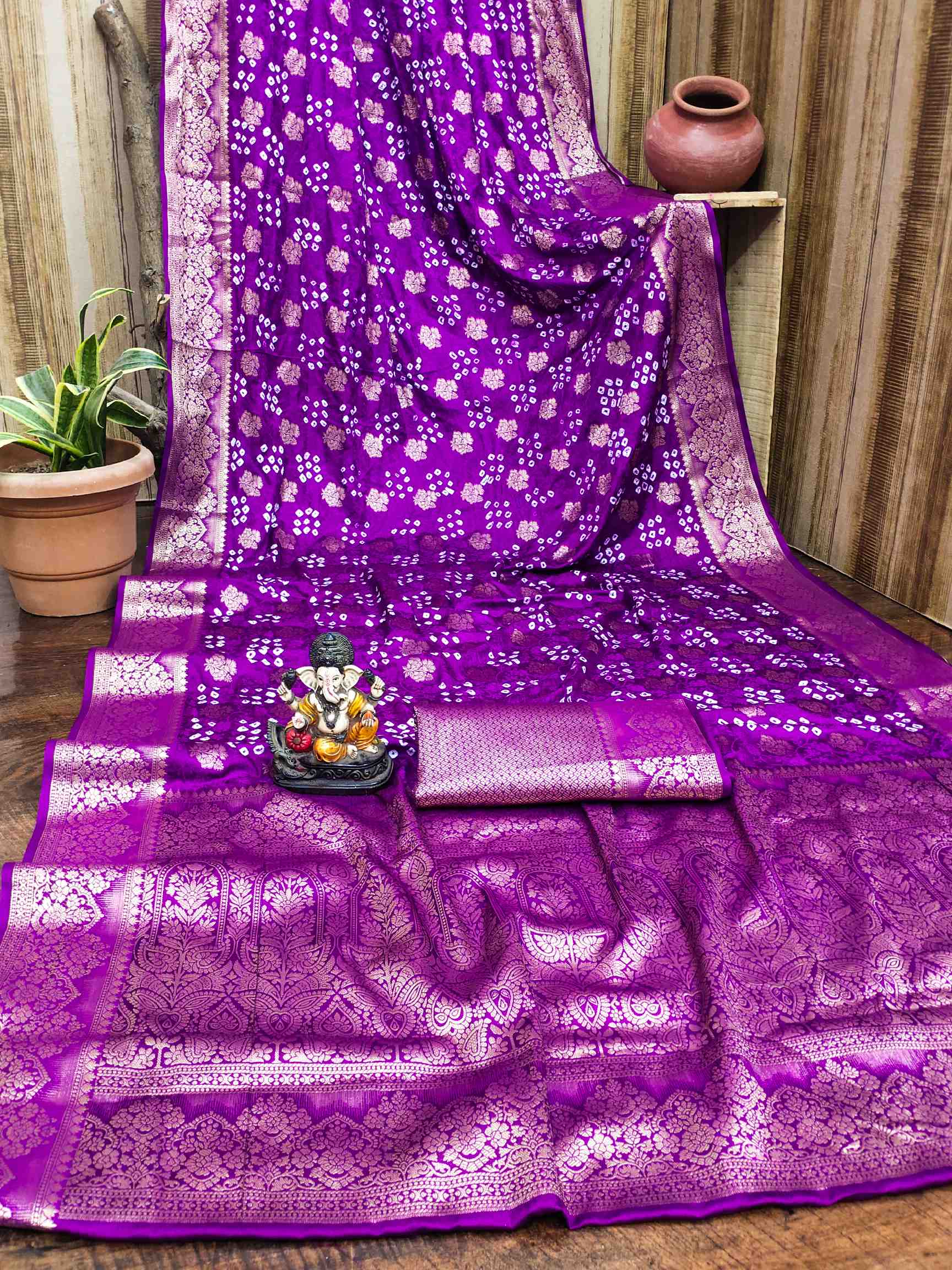 Premium Pure Bandhej Satin Silk Saree with Zari Weaving Butta & Rich Pallu YNF