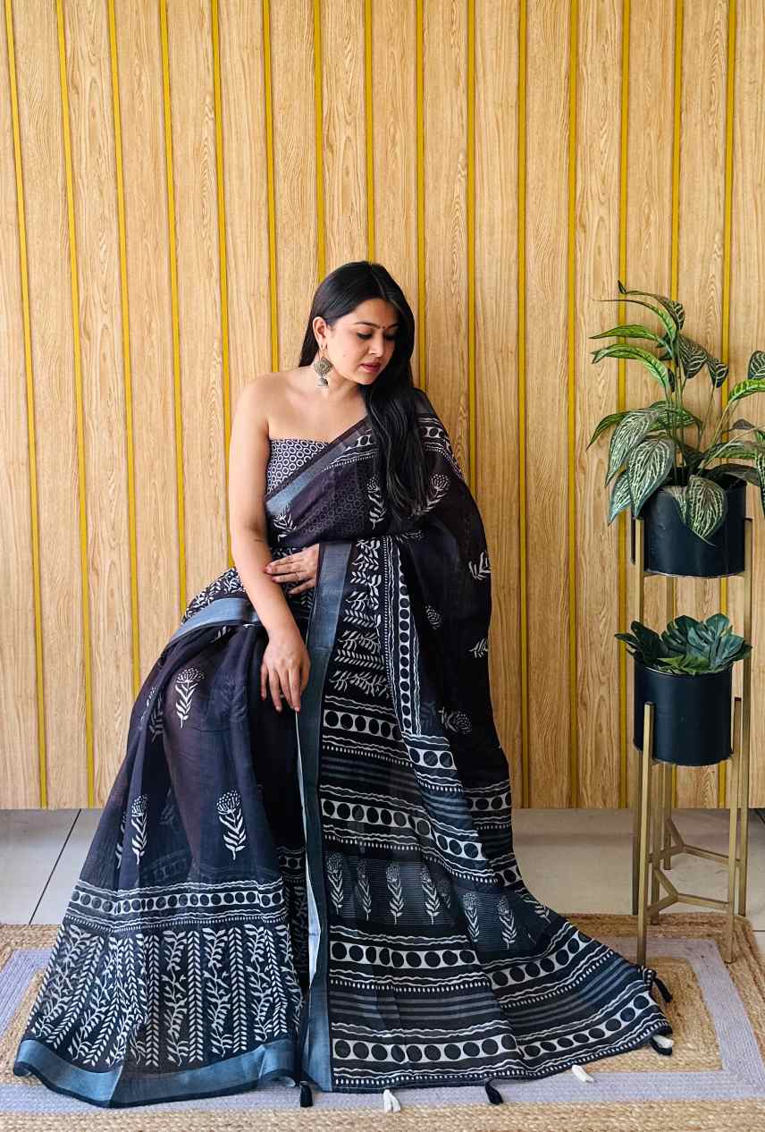 Premium Soft Linen Cotton Saree with Digital Batik Print & Silver Woven Border YNF