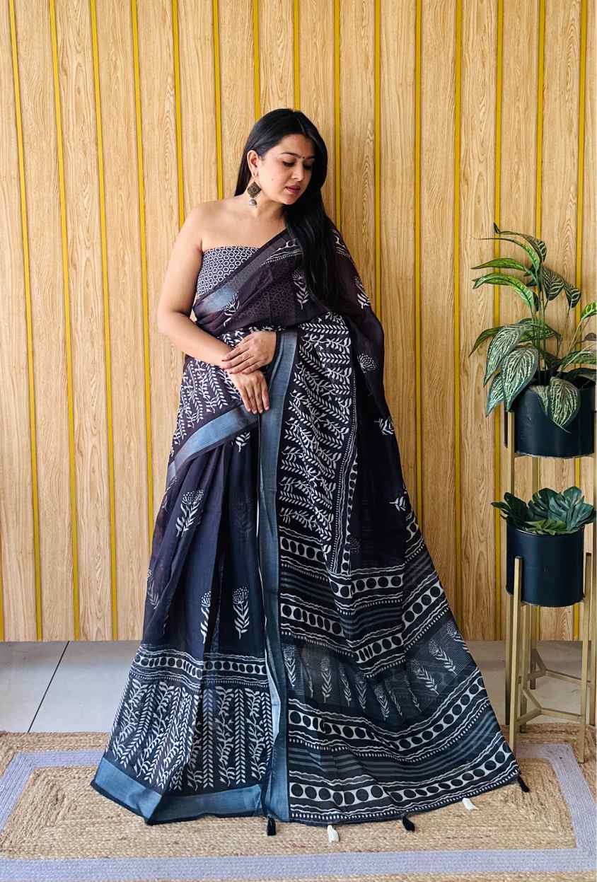 Premium Soft Linen Cotton Saree with Digital Batik Print & Silver Woven Border YNF