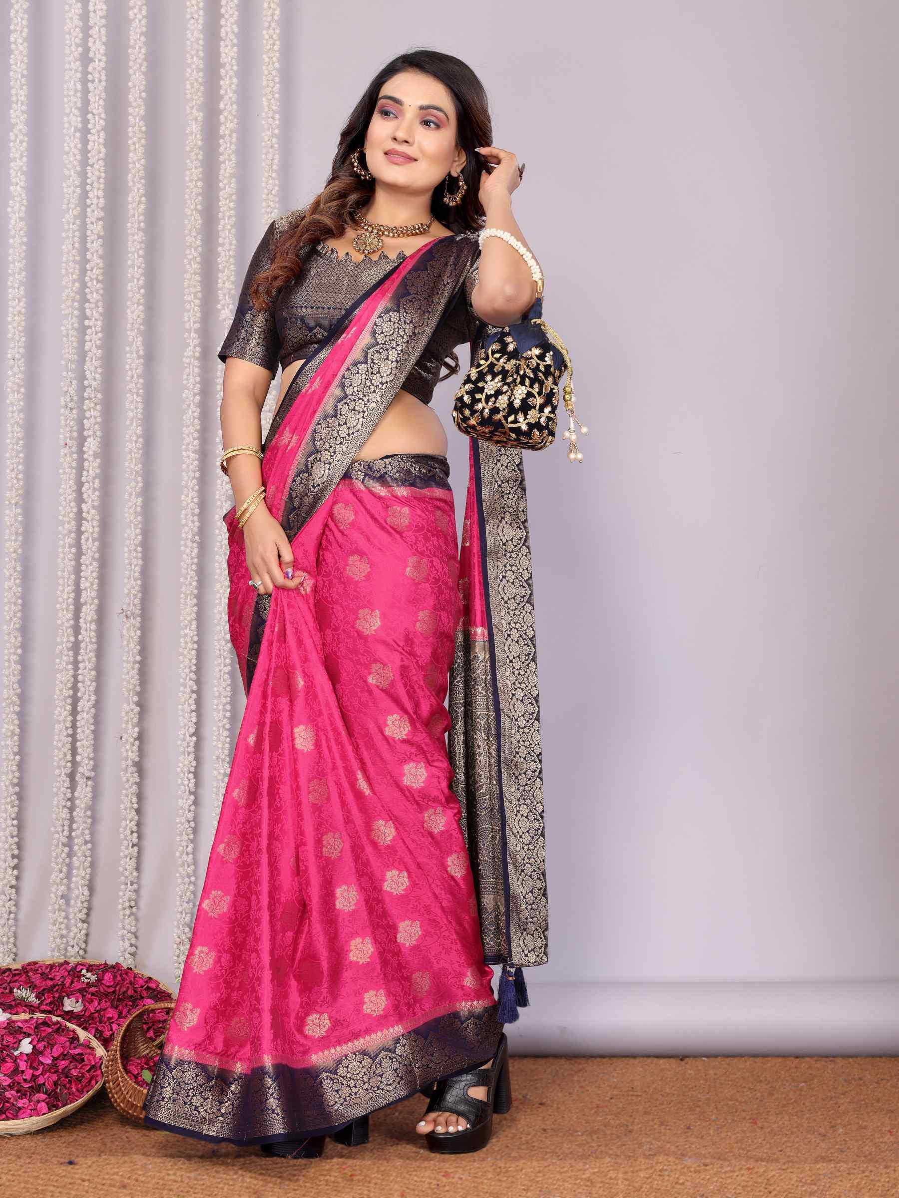 Handloom Satin Silk Saree with Zari Butta Work & Contrast Woven Borders YNF