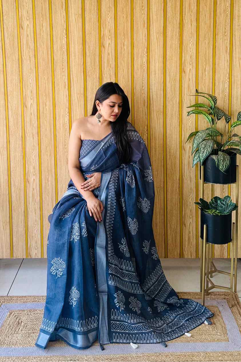Premium Soft Linen Cotton Saree with Digital Batik Print & Silver Woven Border YNF