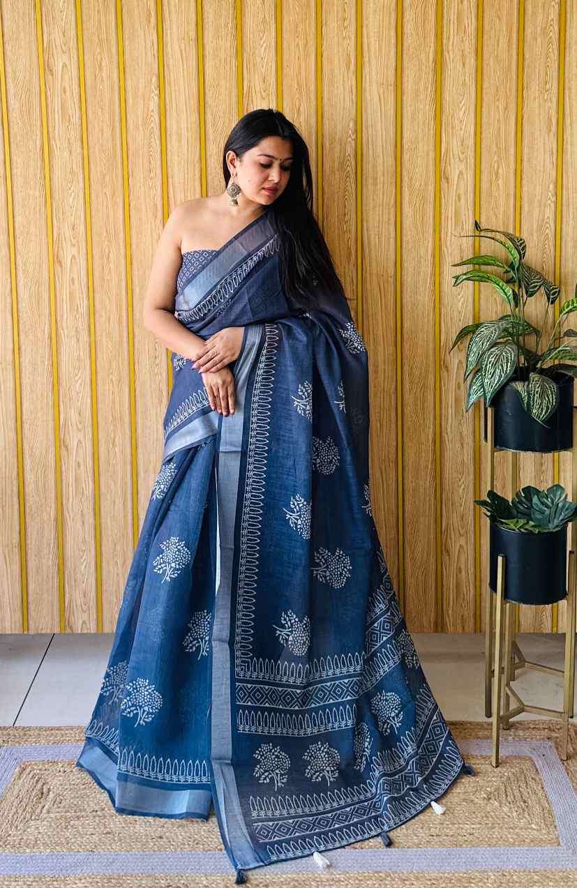 Premium Soft Linen Cotton Saree with Digital Batik Print & Silver Woven Border YNF