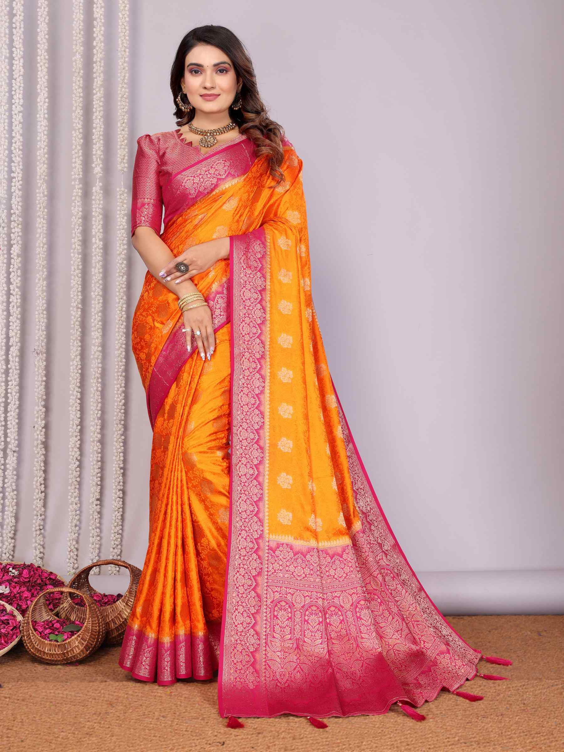 Handloom Satin Silk Saree with Zari Butta Work & Contrast Woven Borders YNF