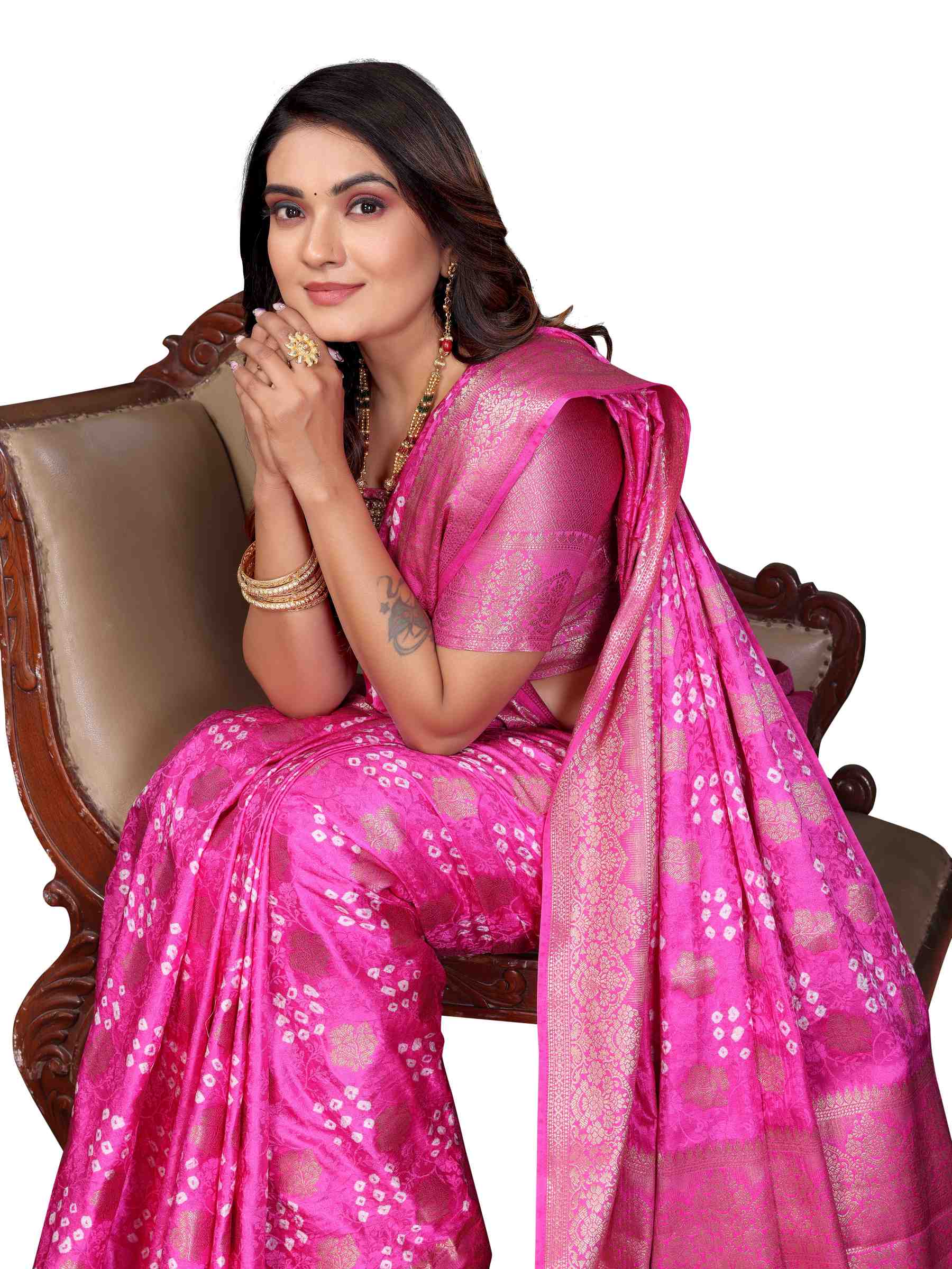 Premium Pure Bandhej Satin Silk Saree with Zari Weaving Butta & Rich Pallu YNF