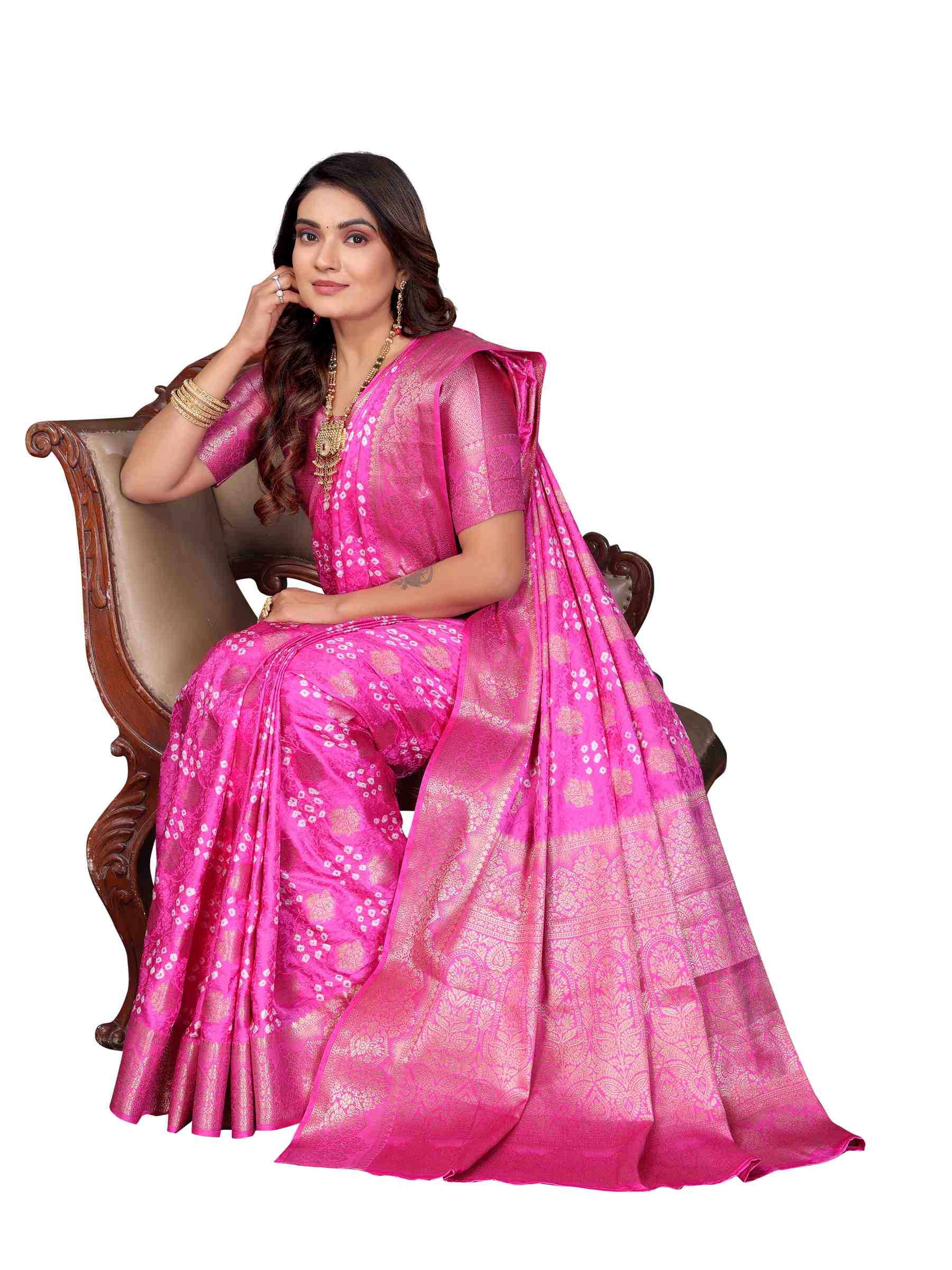 Premium Pure Bandhej Satin Silk Saree with Zari Weaving Butta & Rich Pallu YNF