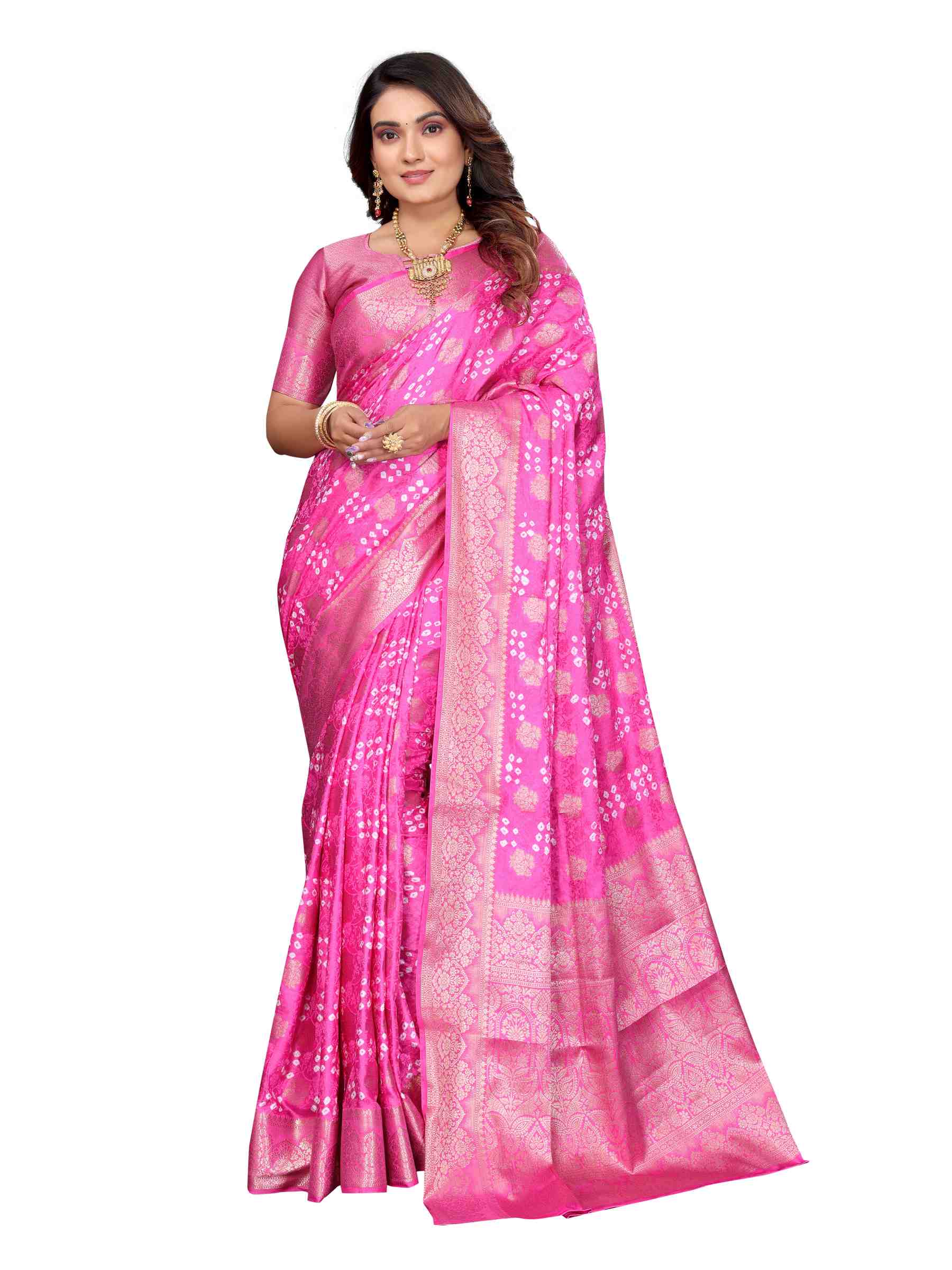 Premium Pure Bandhej Satin Silk Saree with Zari Weaving Butta & Rich Pallu YNF