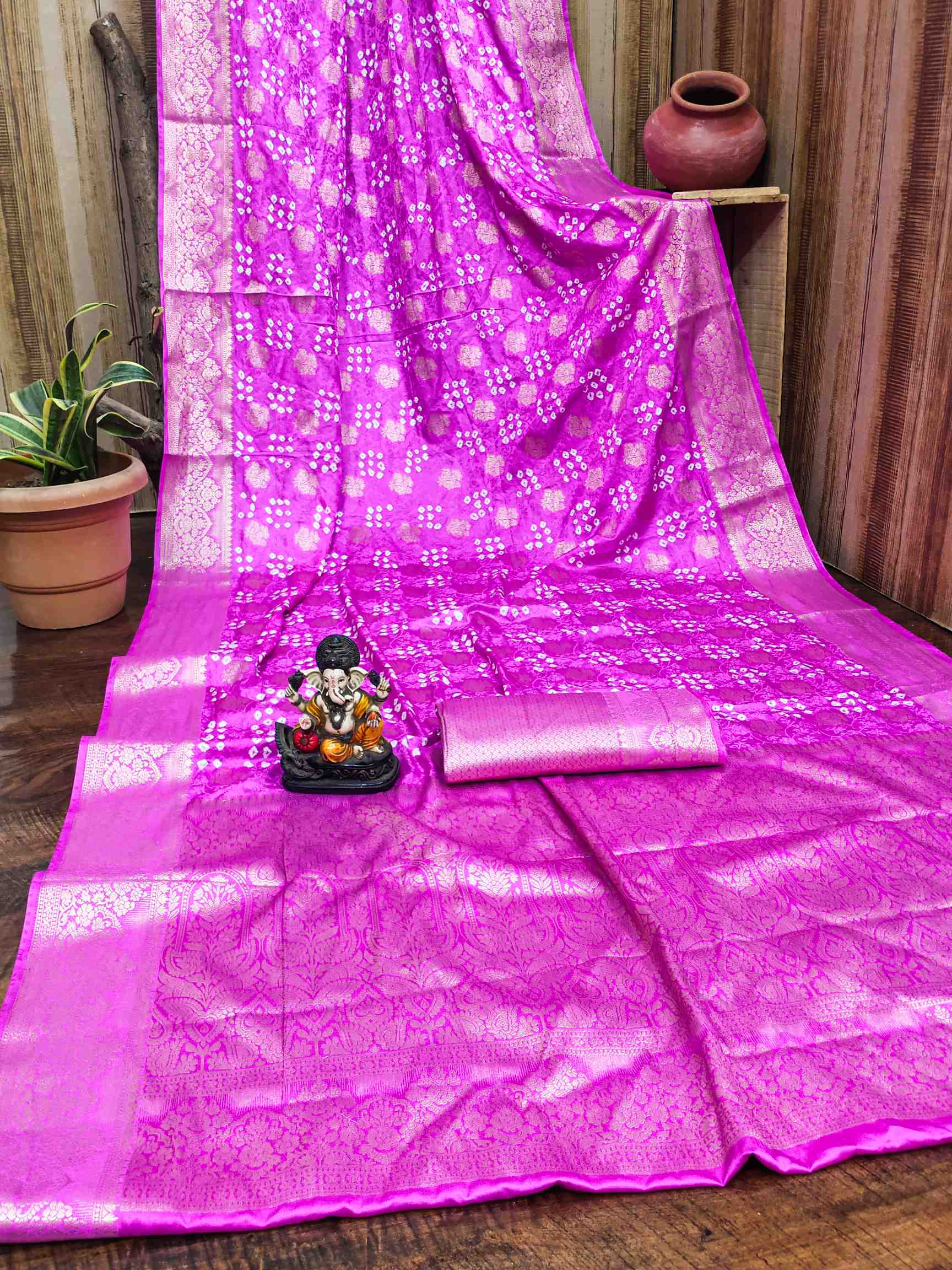 Premium Pure Bandhej Satin Silk Saree with Zari Weaving Butta & Rich Pallu YNF