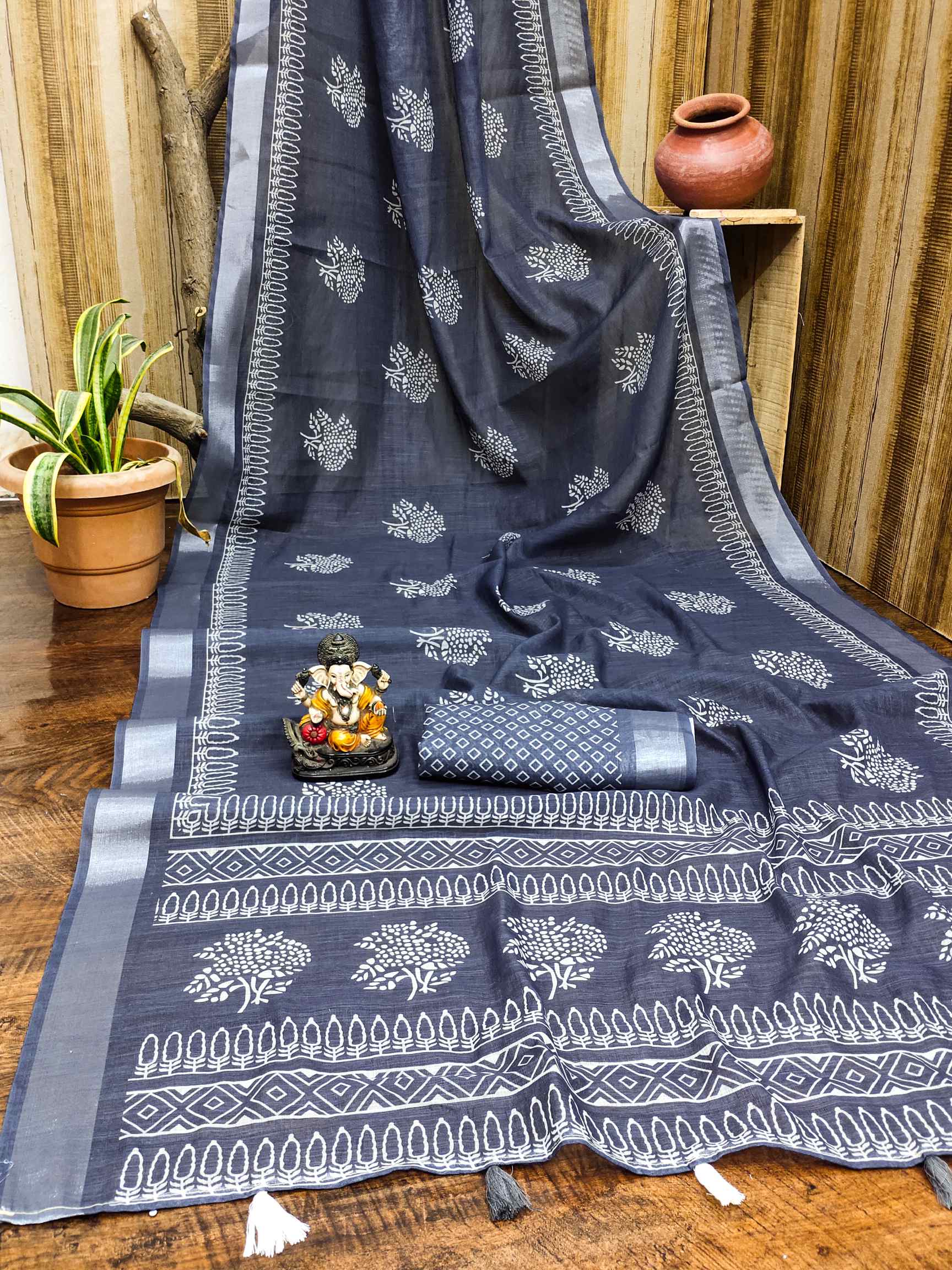 Premium Soft Linen Cotton Saree with Digital Batik Print & Silver Woven Border YNF