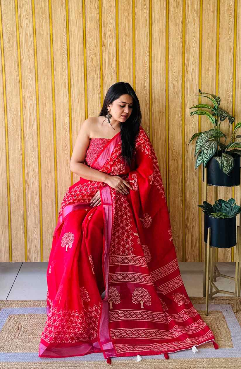 Premium Soft Linen Cotton Saree with Digital Batik Print & Silver Woven Border YNF