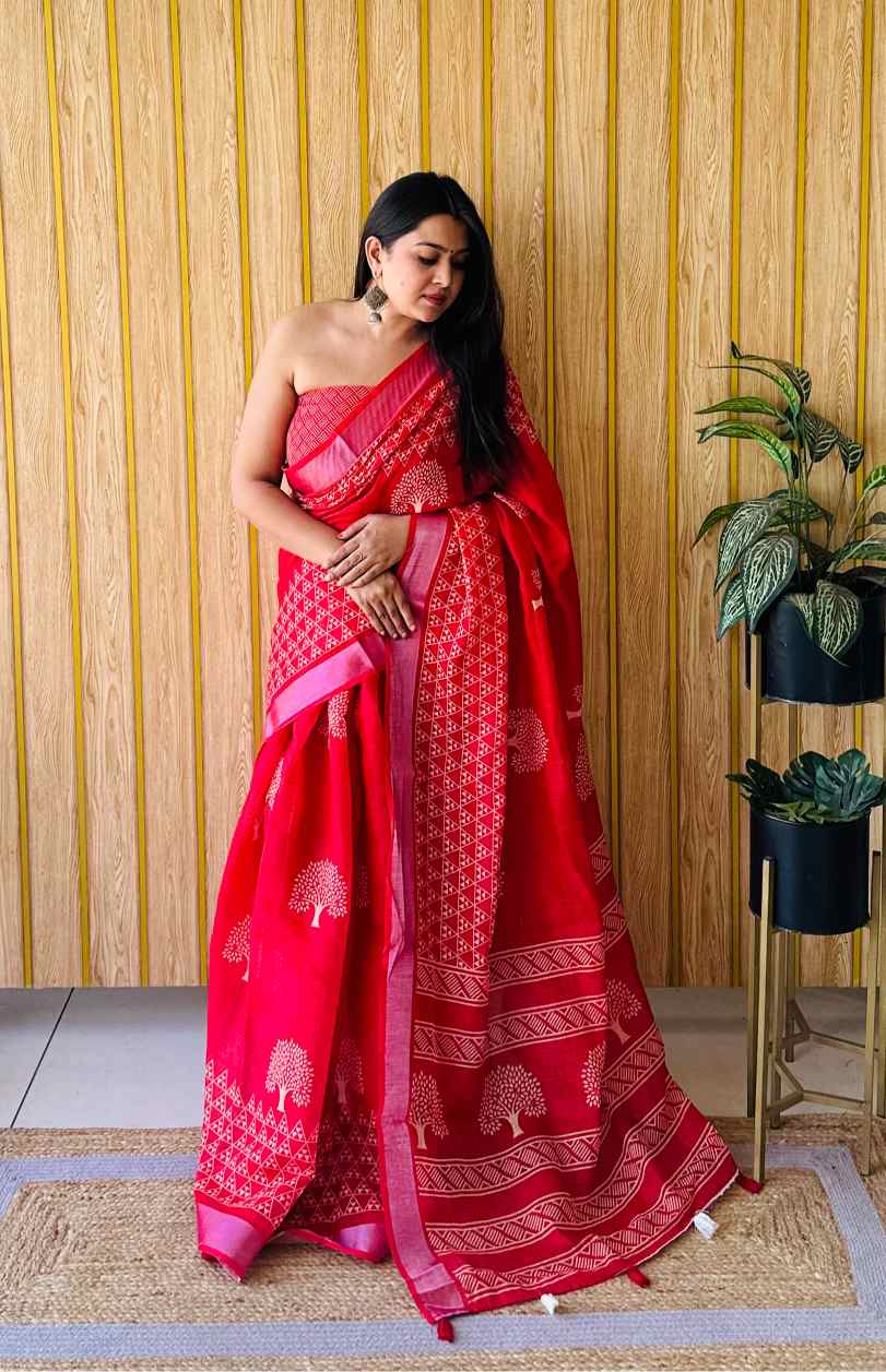 Premium Soft Linen Cotton Saree with Digital Batik Print & Silver Woven Border YNF