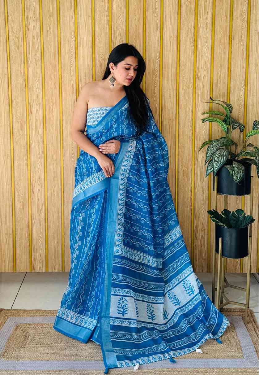 Premium Soft Linen Cotton Saree with Digital Batik Print & Silver Woven Border YNF