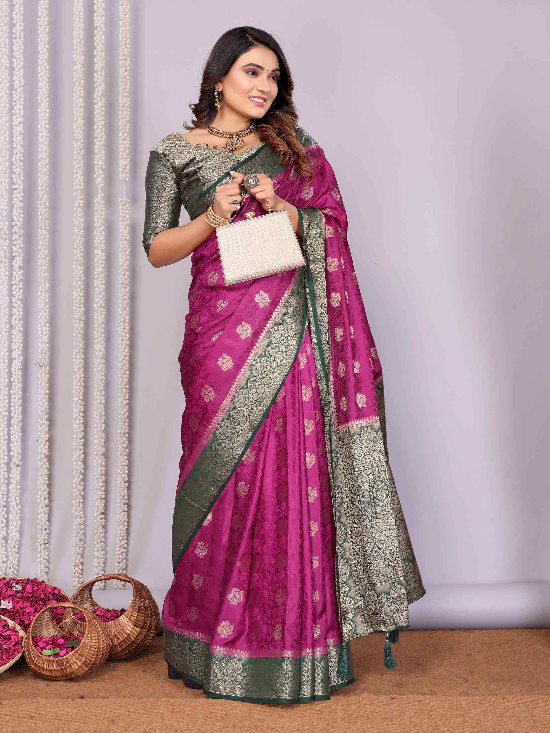 Handloom Satin Silk Saree with Zari Butta Work & Contrast Woven Borders YNF