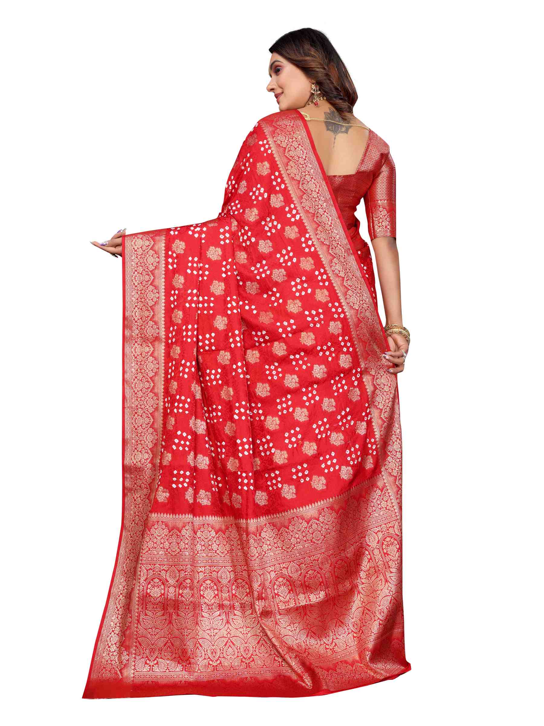 Premium Pure Bandhej Satin Silk Saree with Zari Weaving Butta & Rich Pallu YNF