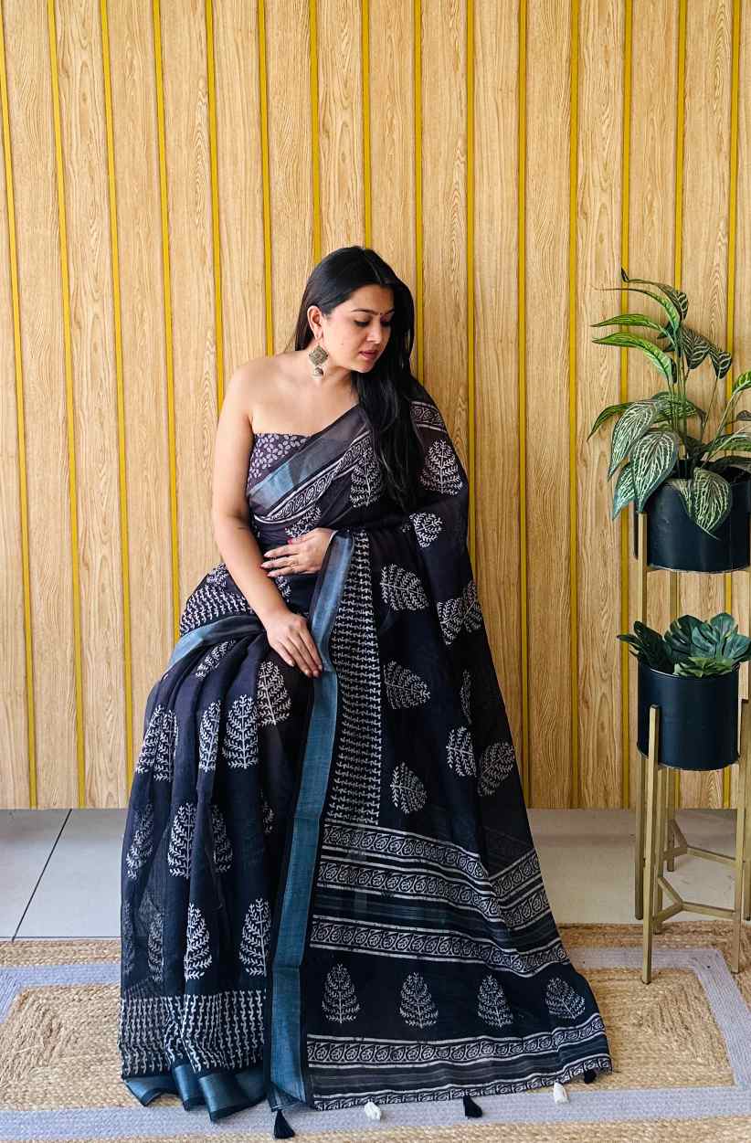 Premium Soft Linen Cotton Saree with Digital Batik Print & Silver Woven Border YNF