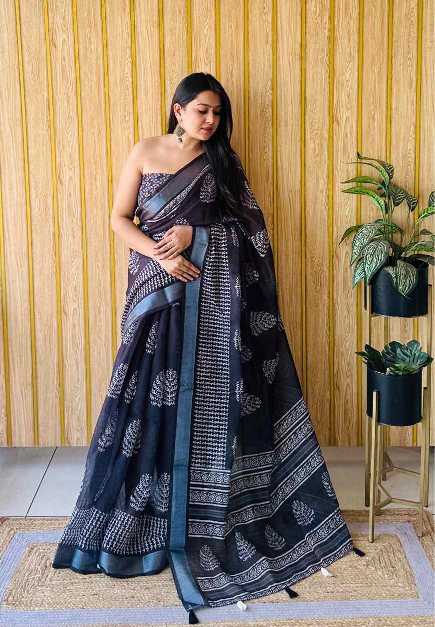 Premium Soft Linen Cotton Saree with Digital Batik Print & Silver Woven Border YNF